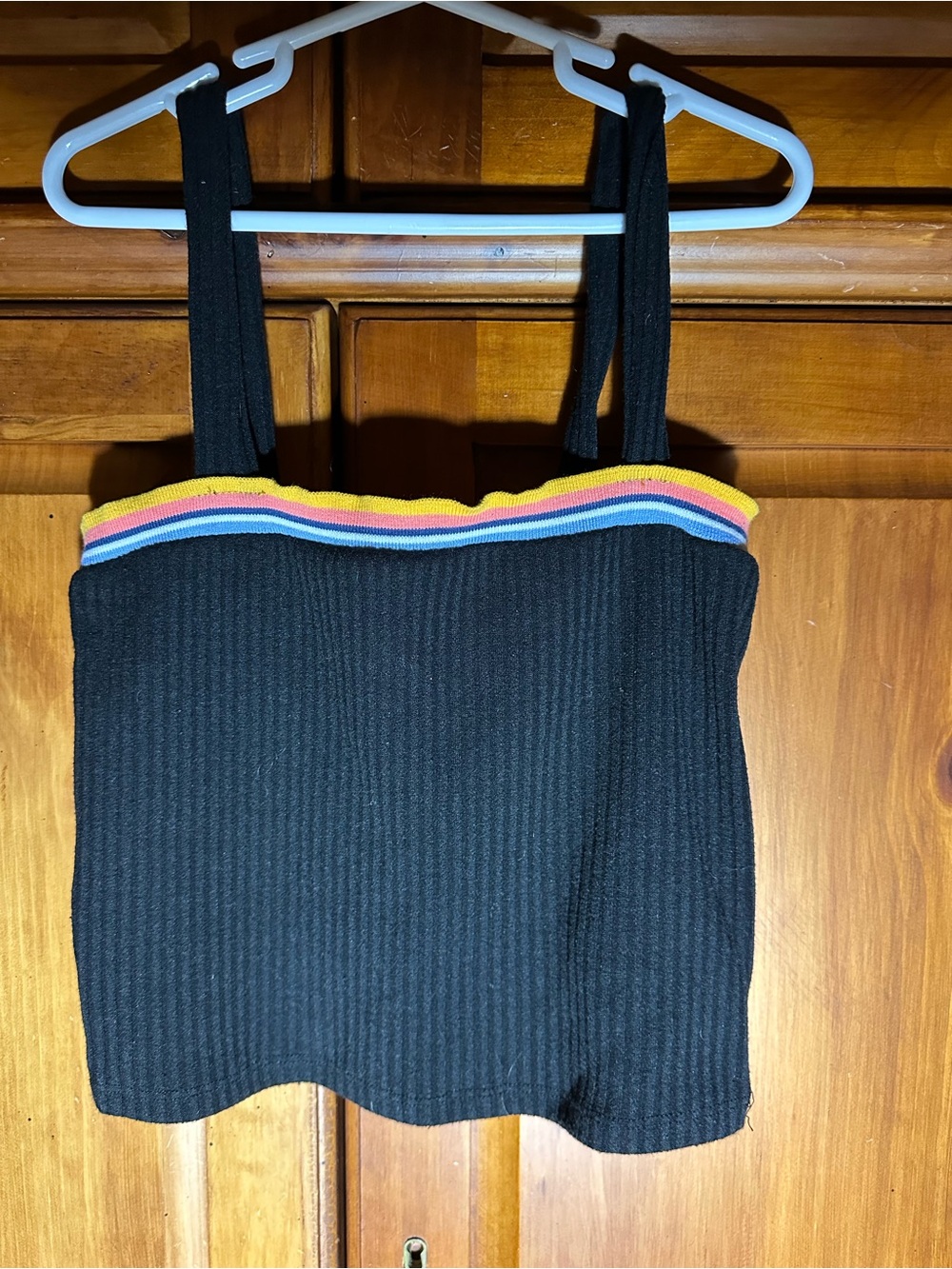 Forever 21 Women’s Black Ribbed Crop Top Shirt with Rainbow Trim